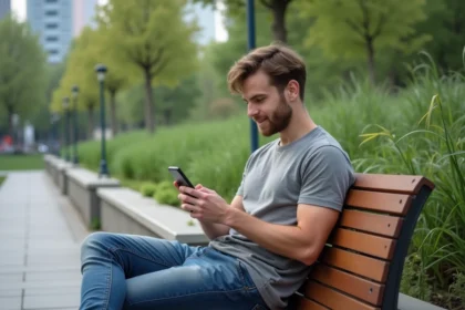 Jeune homme sur un banc dans un parc urbain utilisant son smartphone