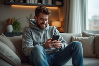 Jeune homme avec smartphone dans un salon moderne