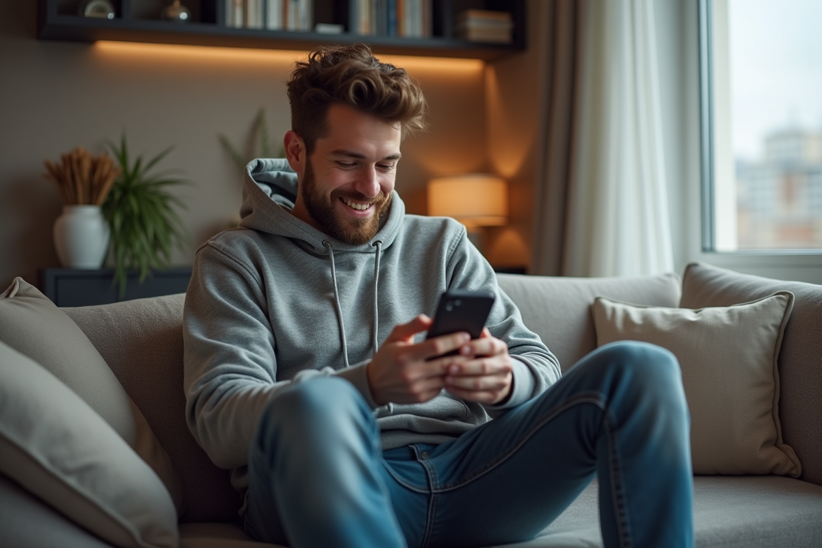 Jeune homme avec smartphone dans un salon moderne