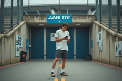 Jeune homme vérifiant son téléphone devant un stade parisien