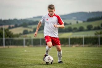 Jeune footballeur en détection dribblant sur un terrain d'entraînement du Comité Drôme Ardèche Football