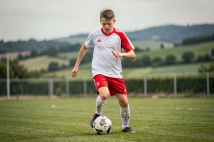 Jeune footballeur en détection dribblant sur un terrain d'entraînement du Comité Drôme Ardèche Football