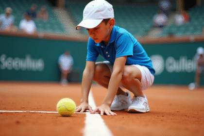 Jeune garçon en polo bleu et casquette sur un court de tennis en pleine action