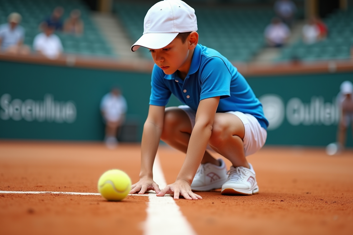 Jeune garçon en polo bleu et casquette sur un court de tennis en pleine action