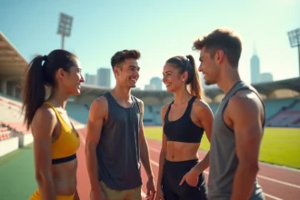 Jeunes athlètes souriants au bord de la piste extérieure