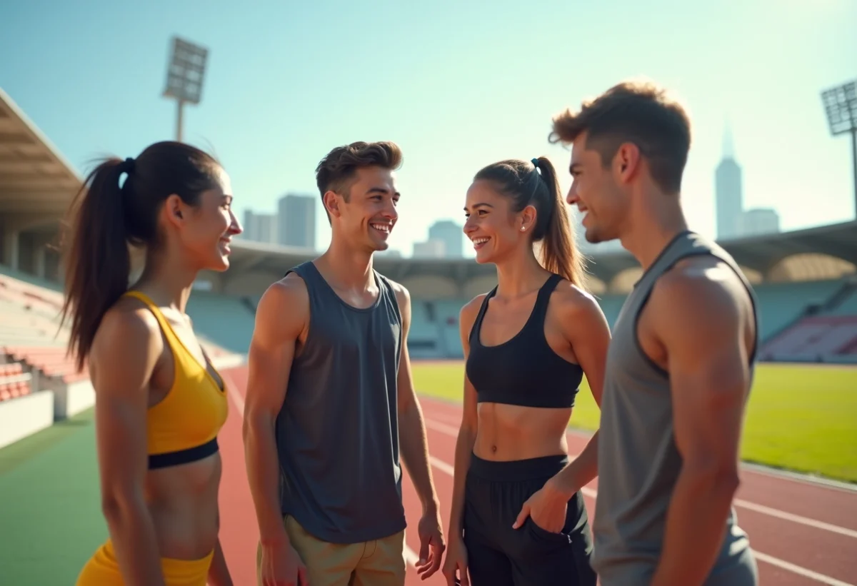 Jeunes athlètes souriants au bord de la piste extérieure