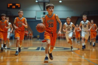 Groupe de jeunes en pleine action sur le terrain de basket