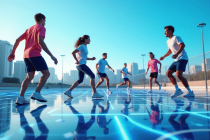 Groupe de jeunes jouant à un sport futuriste en extérieur