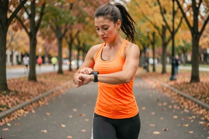 Femme jogeuse regardant sa montre GPS affichant la vitesse en min/km pendant une course en ville