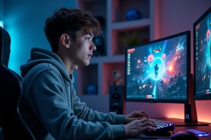 Joueur européen concentré sur son PC gaming avec interface de League of Legends affichée sur les écrans