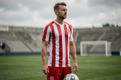 Joueur de football professionnel en maillot rayé rouge et blanc debout sur un terrain de football, regard pensif vers l'horizon, atmosphère documentaire