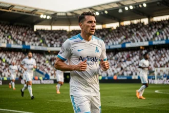 Joueur de l'Olympique de Marseille en pleine action sur la pelouse du Vélodrome lors d'un match officiel