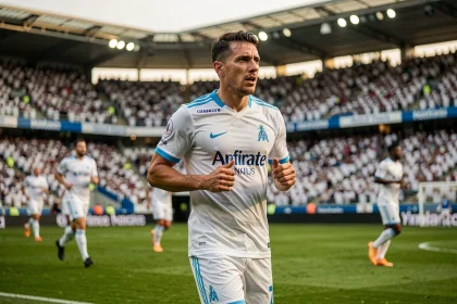 Joueur de l'Olympique de Marseille en pleine action sur la pelouse du Vélodrome lors d'un match officiel