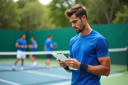 Jeune homme concentré tenant un carnet de score sur un court de padel