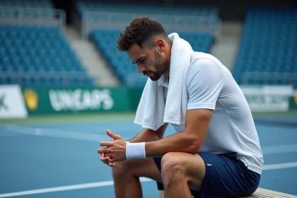 Joueur de tennis professionnel assis sur le banc de touche après une défaite, illustrant la perte de points ATP
