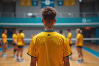 Jeune joueur de volleyball en jersey coloré sur le terrain intérieur