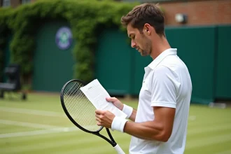 Joueur de tennis professionnel en tenue blanche de Wimbledon consultant les détails de prize money des qualifications 2026