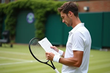 Joueur de tennis professionnel en tenue blanche de Wimbledon consultant les détails de prize money des qualifications 2026