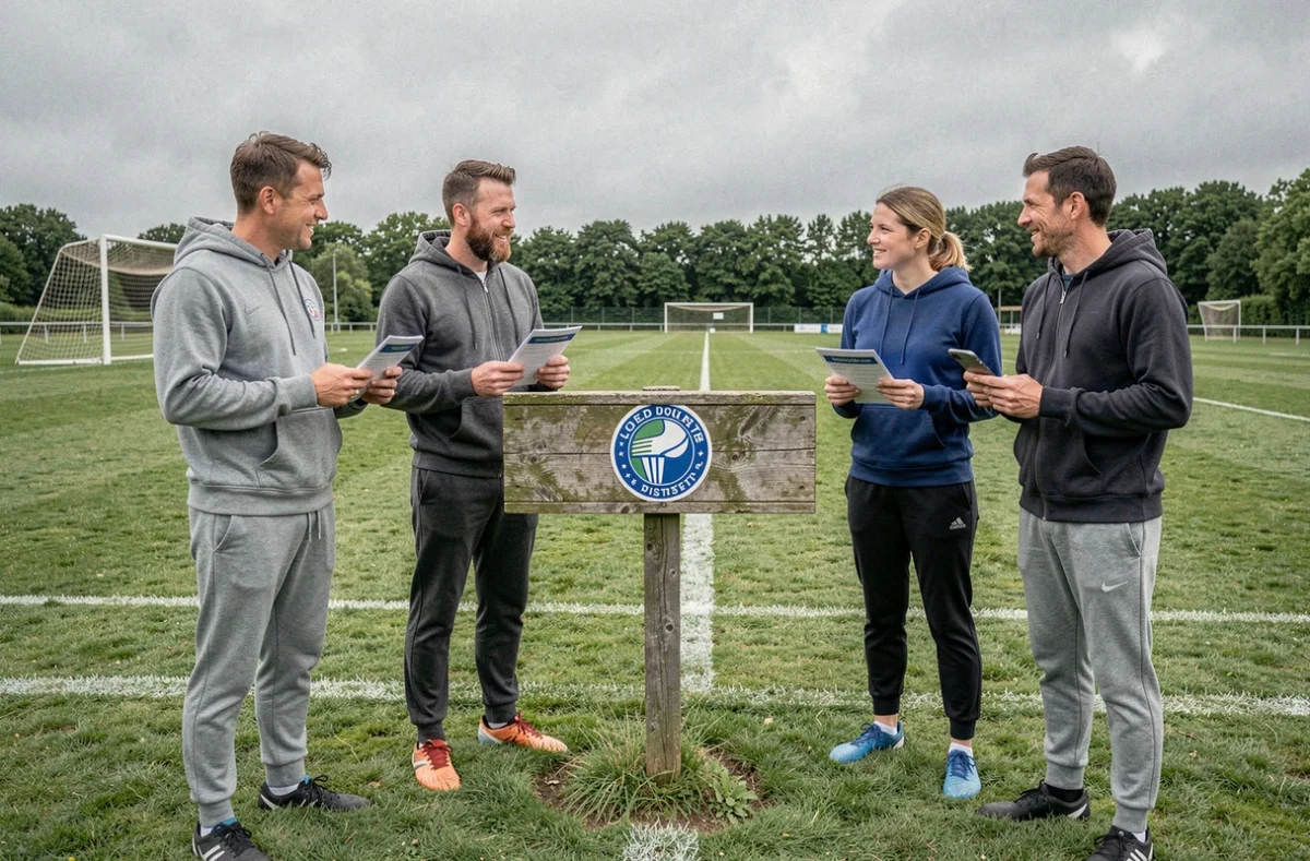Groupe de joueurs amateurs consultant les modalités d'inscription dans un club de football du District 44 en 2026