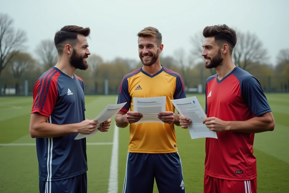 Joueurs de football amateur du district 31 discutant de leurs mutations et transferts de club en bord de terrain