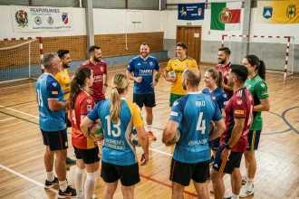 Groupe de joueurs et joueuses de handball réunis sur un terrain de sport intérieur au Portugal avant un entraînement