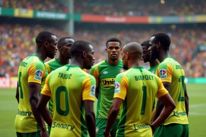 Joueurs de football congolais en cercle tactique lors d'un match de Linafoot dans un stade animé
