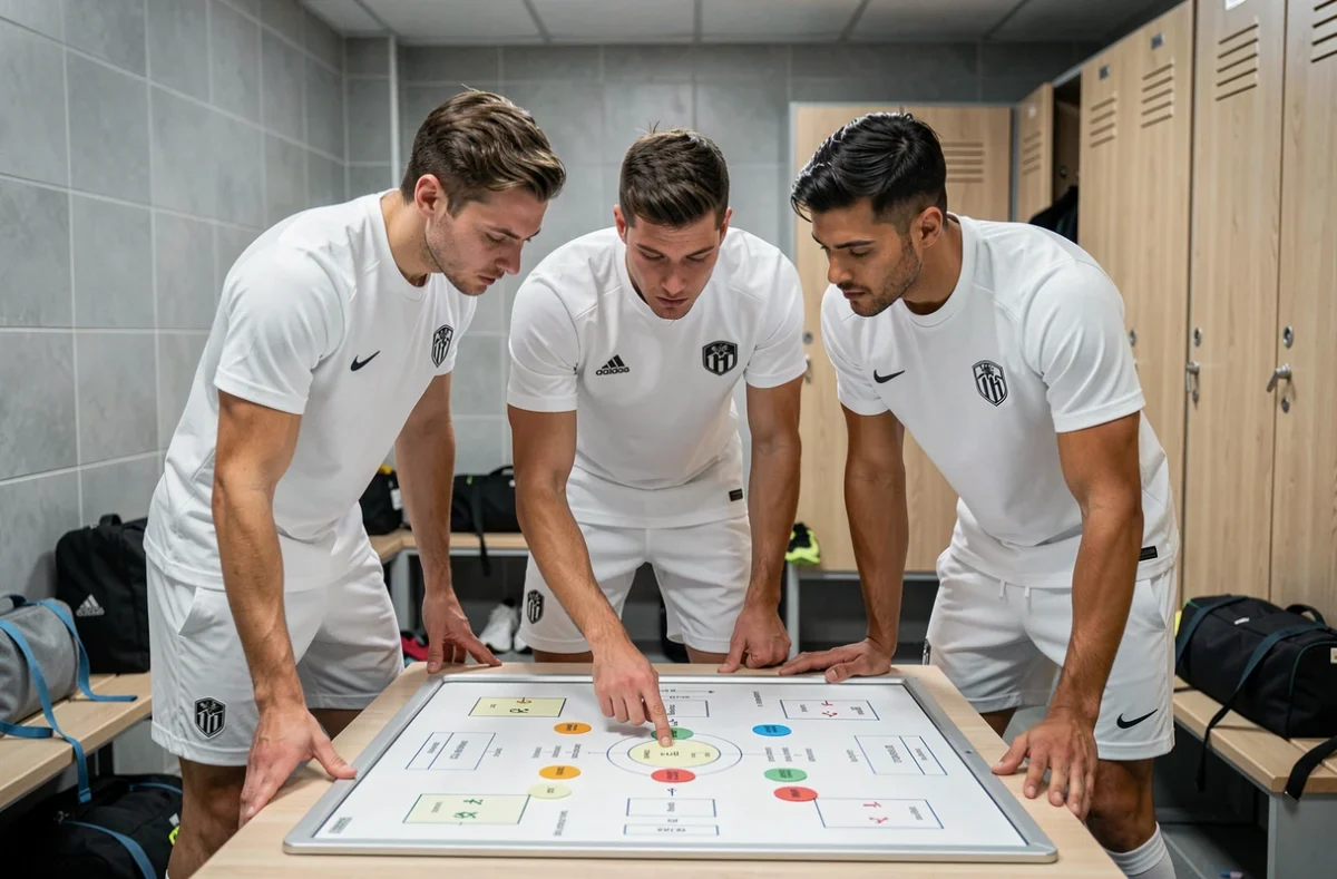 Joueurs de l'OM réunis autour d'un tableau tactique dans le vestiaire avant un match important