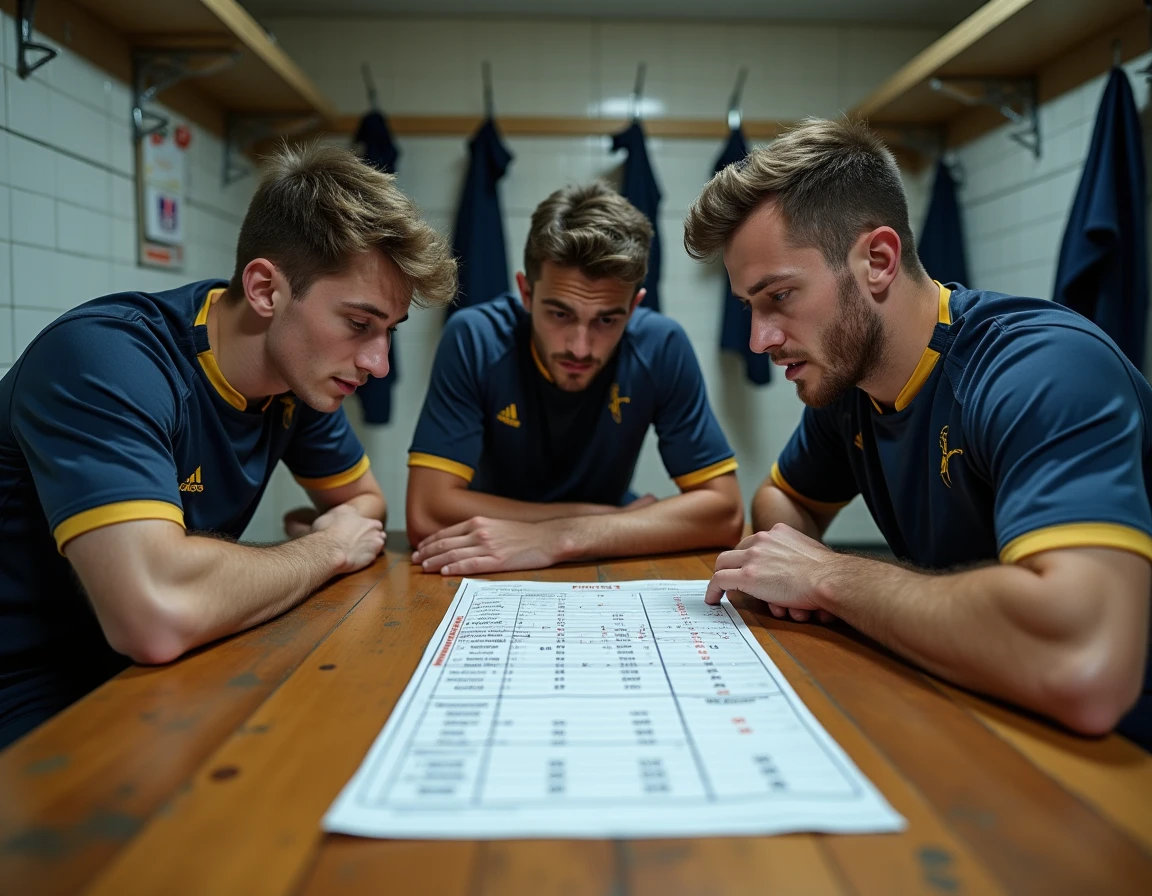Joueurs de rugby Fédérale 2 analysant le classement de la Poule 4 et leurs chances de qualification dans un vestiaire
