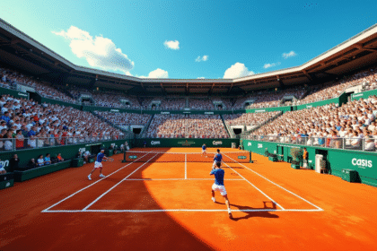 Joueurs de tennis en action sur un court en terre battue avec stade plein