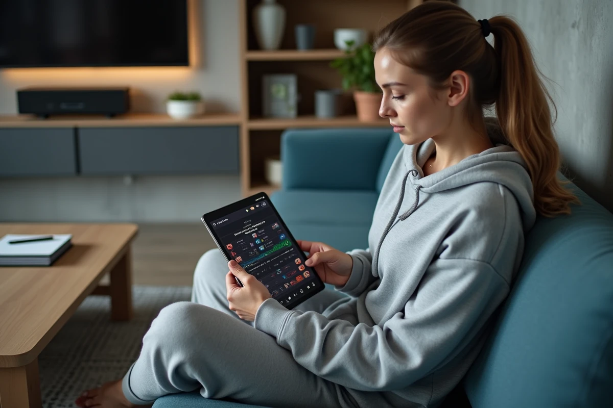 Joueuse FC 25 analysant les tendances du marché des transferts sur une tablette pour optimiser ses DCE