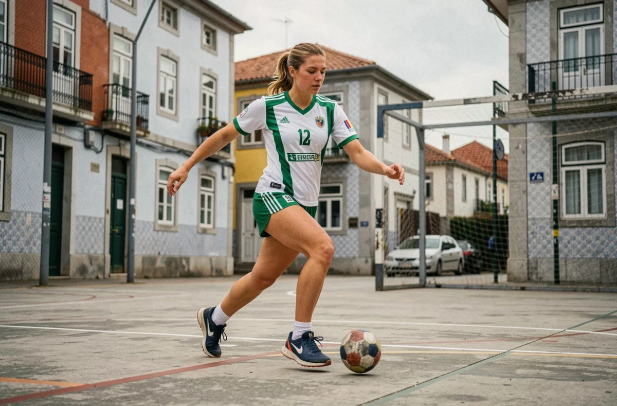 Joueuse de handball en action sur un terrain extérieur dans un quartier urbain au Portugal