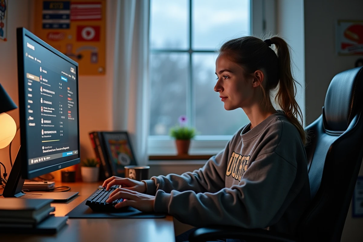 Joueuse nord-américaine en soirée ranked sur League of Legends depuis sa chambre d'université