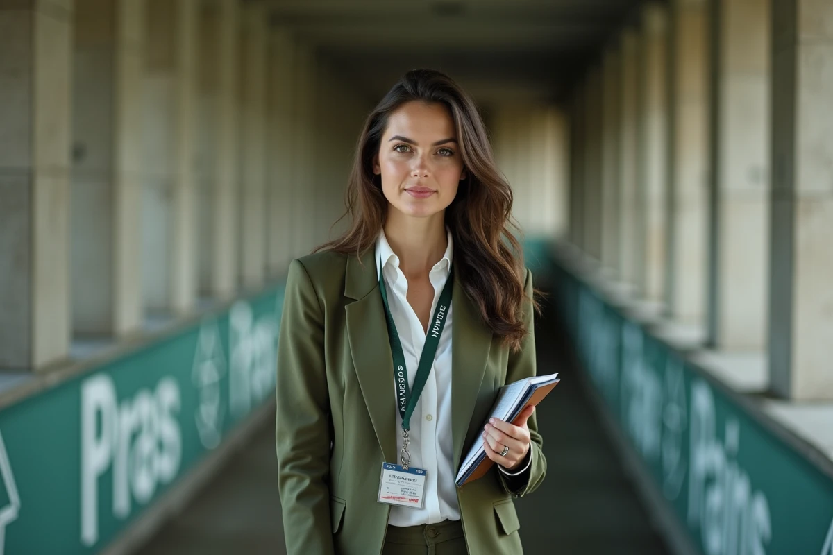Journaliste sportive féminine dans un couloir de stade avec accréditation presse, univers du journalisme football