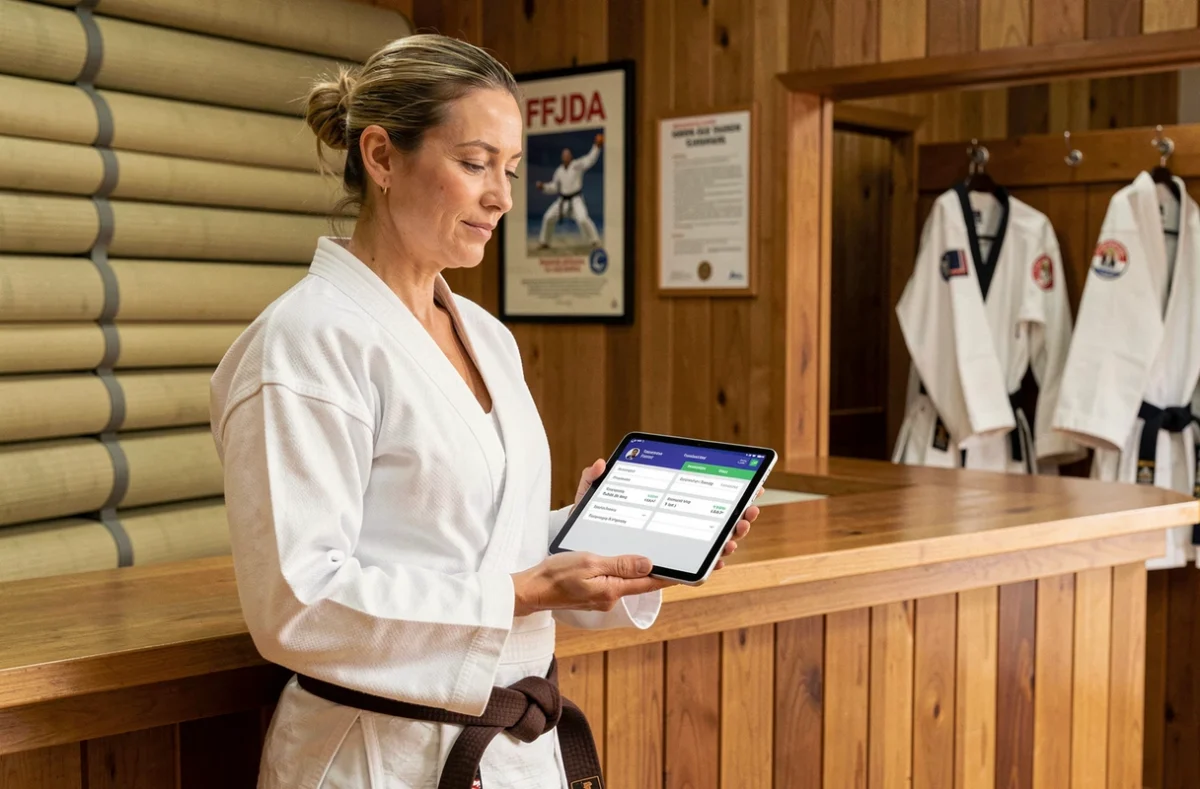 Judokate et responsable administrative consultant l'extranet FFJDA sur tablette dans un dojo de judo