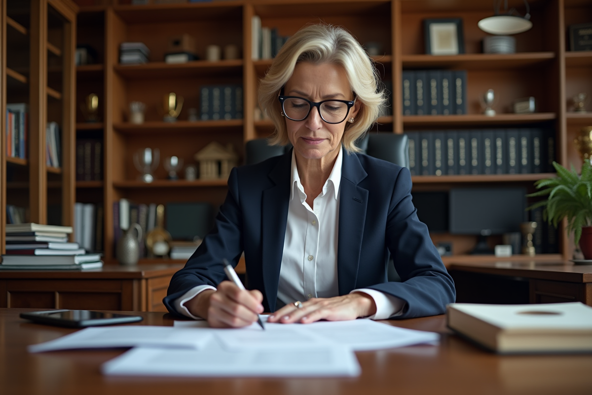 Juge expérimentée examinant des dossiers de records