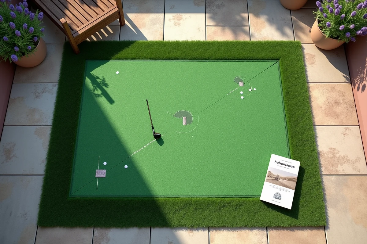 Vue aérienne d'un kit de putting green maison installé sur une terrasse avec accessoires de golf et guide pédagogique