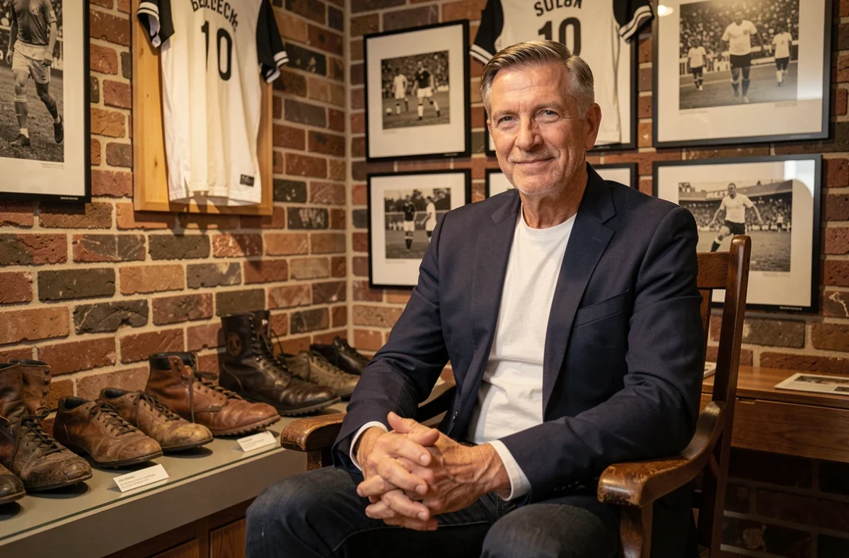 Légende du football retraité assis dans un musée sportif européen entouré de maillots et chaussures vintage, ambiance mémorielle et contemplative