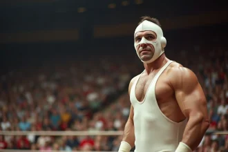 Lutteure vintage en costume blanc avec masque dans un ring ancien