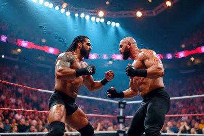 Deux lutteurs professionnels en action dans une arene WWE pleine d audience