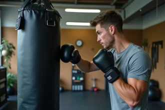 Homme frappant une machine à boxe musicale dans un garage aménagé en salle de sport maison