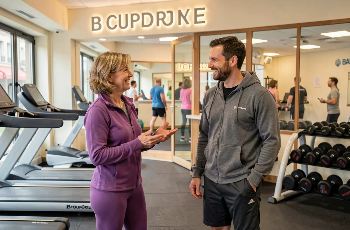 Adhérente discutant avec un coach à l'accueil du Magic Form Bordeaux dans un environnement gym accessible et convivial