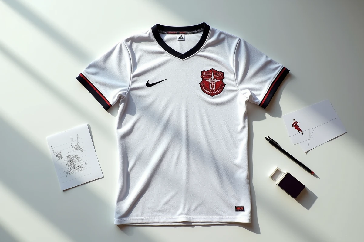 Vue à plat d'un maillot de football avec un écusson surchargé entouré de croquis de redesign minimaliste