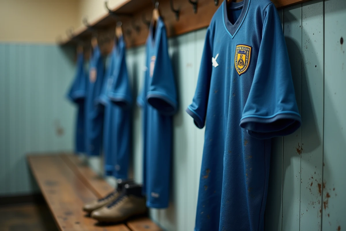 Maillot et crampons du Sporting Club Aubagne Air Bel accrochés dans le vestiaire, symboles de l'histoire et des valeurs du club de football amateur