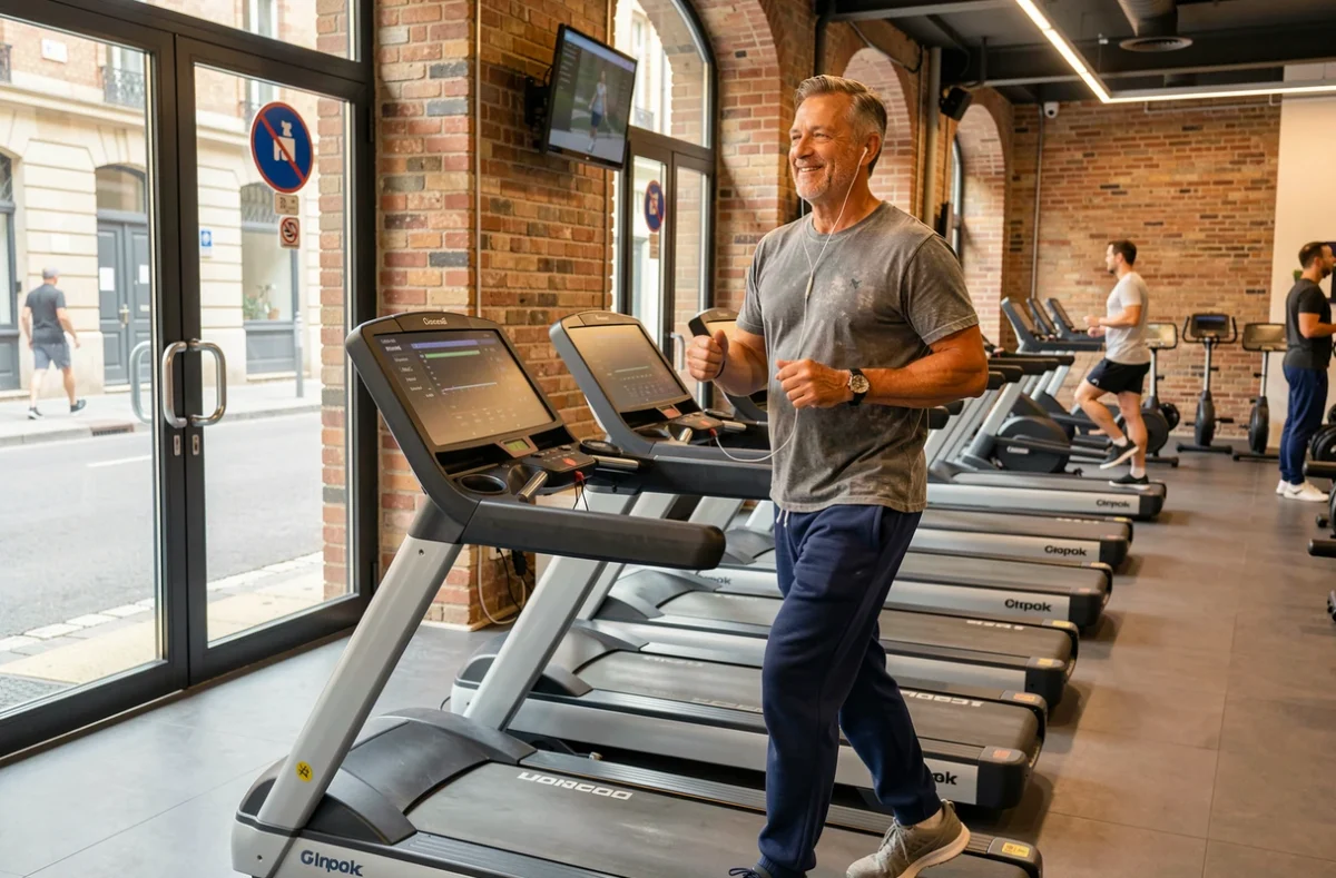 Homme courant sur tapis de course au Makadam Fitness Bordeaux dans un cadre de quartier authentique