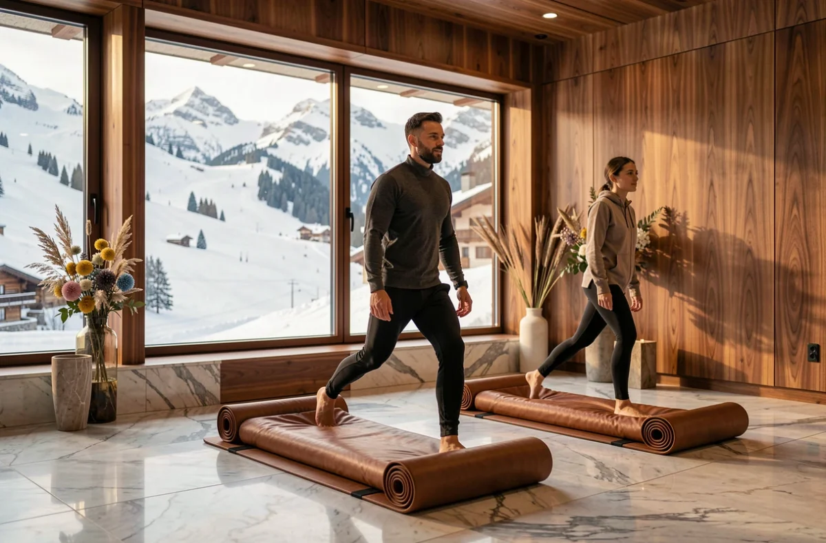 Manalaya Courchevel, studio yoga de luxe avec sol en marbre et panorama sur les pistes enneigées