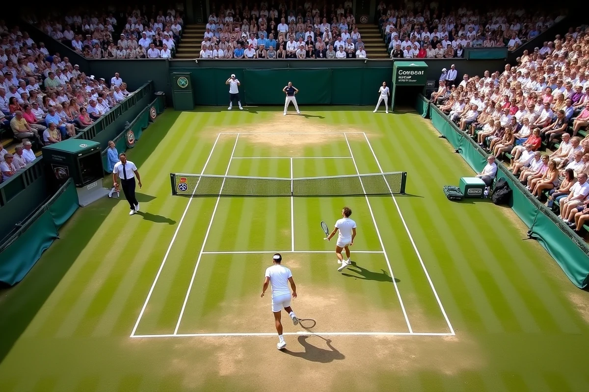 Vue aérienne d'un match de qualification sur gazon à Wimbledon avec deux joueurs en tenue blanche sur court pendant le tournoi 2026