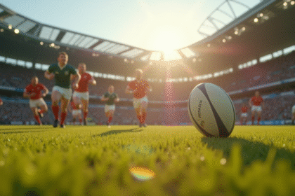 Match de rugby en pleine action sur le terrain ensoleille