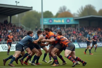 Joueurs de rugby en mêlée lors d'un match de Fédérale 2 Poule 4 dans un stade régional français