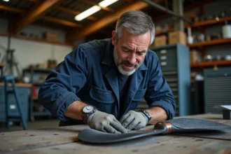Mécanicien en train de sabler un propulseur de bateau dans un atelier marin