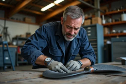 Mécanicien en train de sabler un propulseur de bateau dans un atelier marin